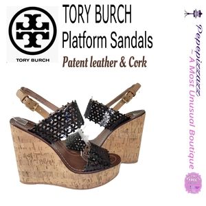 NEW TORY BURCH strappy platform wedge sandals Patent leather heels